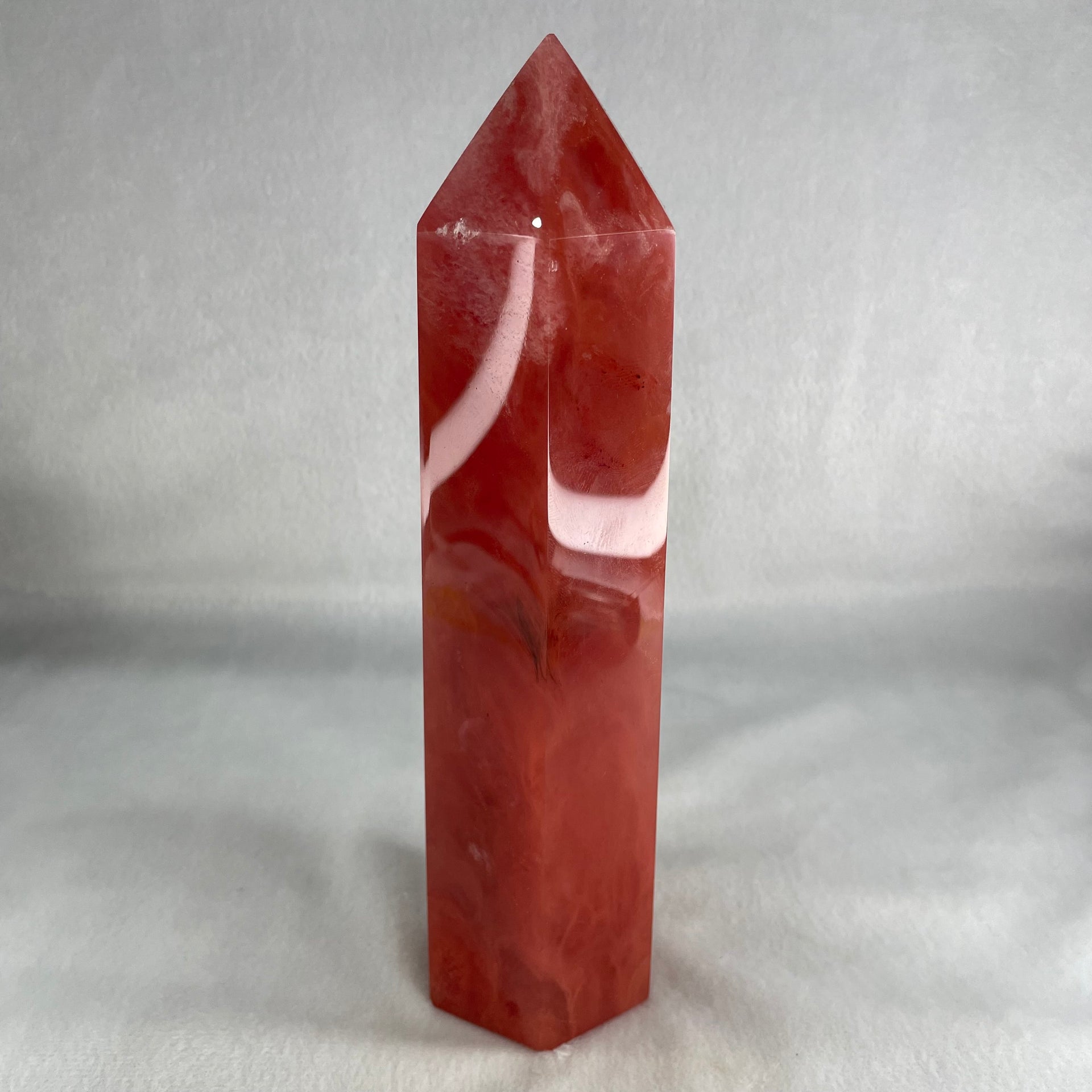 Cherry Quartz Tower with Wooden Stand Display 866.8g 59.3 by 50.0 by 210.0mm - Huangs Jadeite and Jewelry Pte Ltd