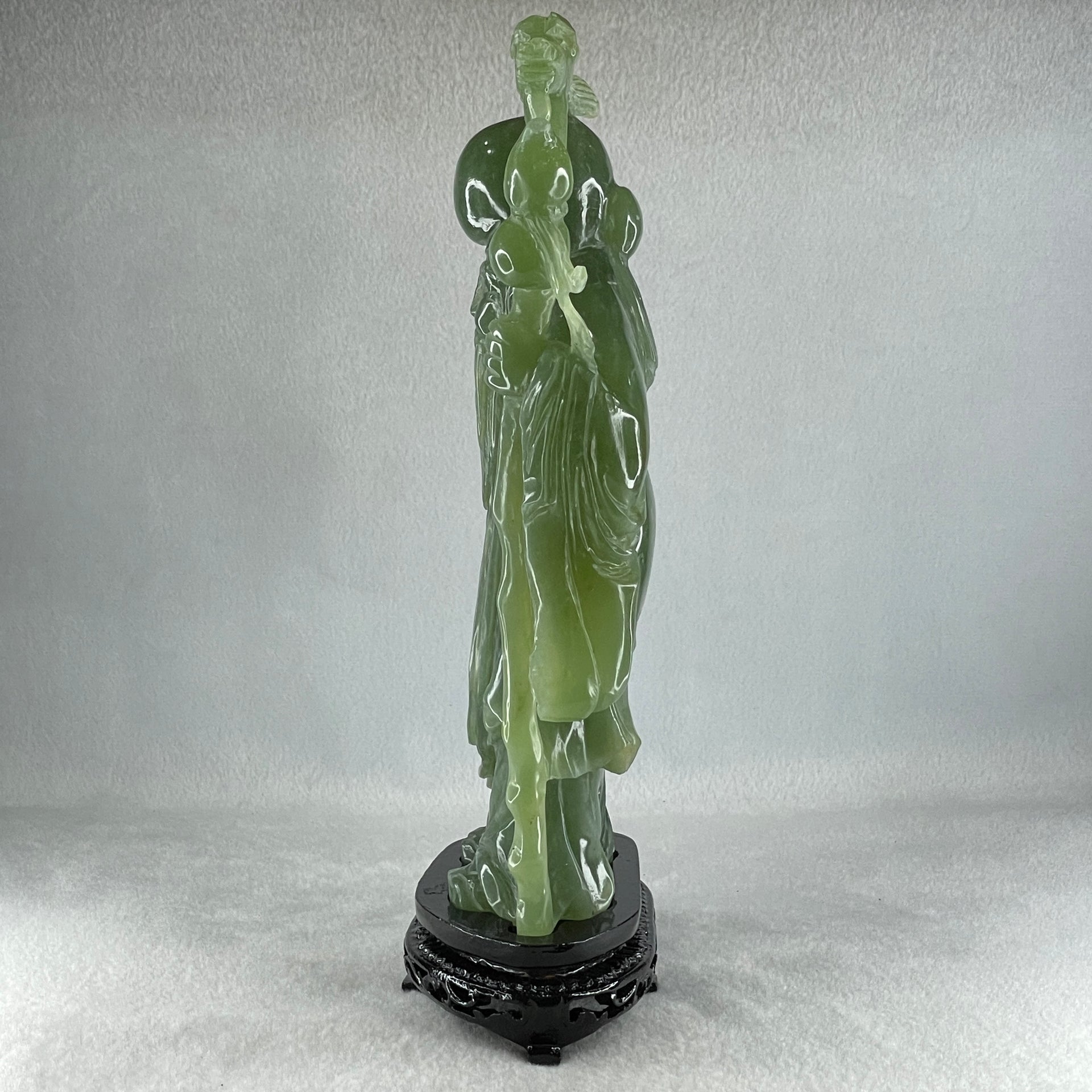 Natural Dark Green Serpentine Shou Xing Gong with Longevity Peach with Wooden Stand Display 1,383.8g 167.0 by 265.0 by 62.0mm - Huangs Jadeite and Jewelry Pte Ltd