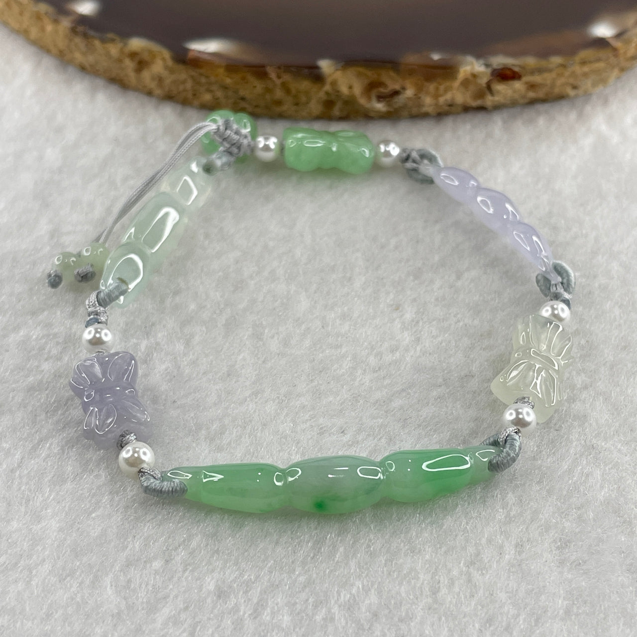 Natural Type A Semi Icy Green with Lavender Jadeite Lotus Root with Butterfly Bracelet 9.76g 16cm 9.1 by 4.3mm Lotus Root - 6.6 by 5.7mm Butterfly