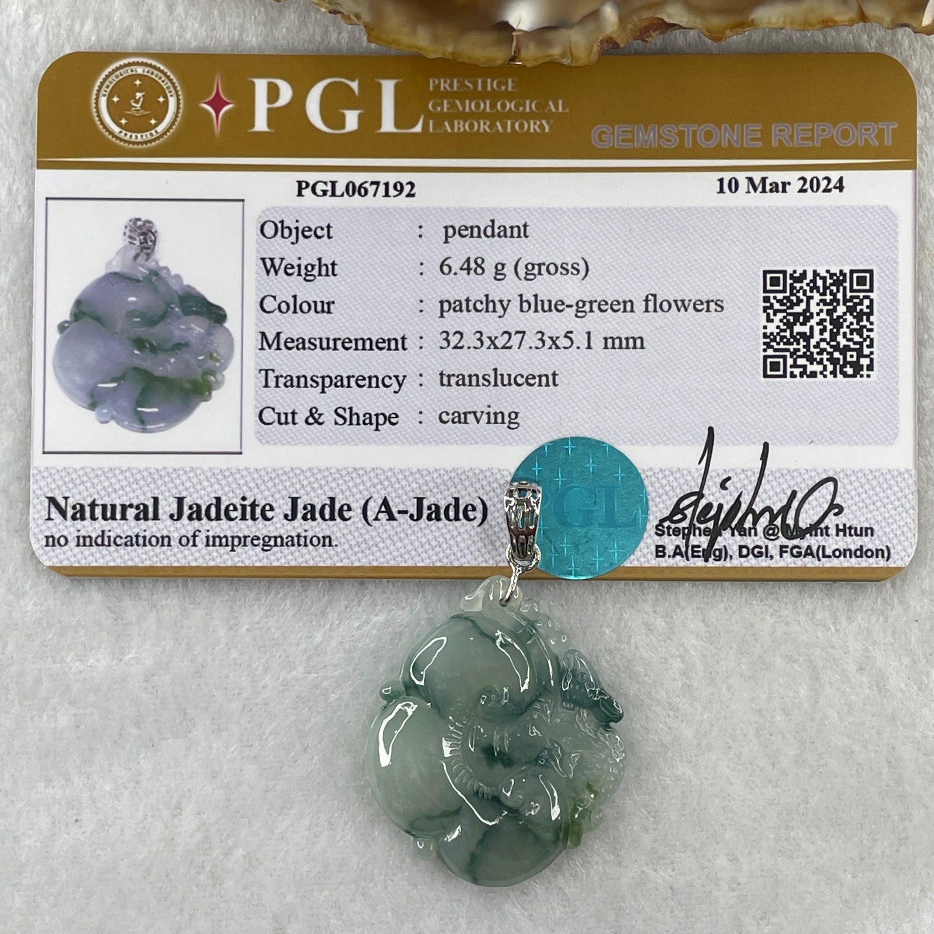 Type A Natural Semi Icy Blueish Green with Piao Hua Flora Jadeite Ruyi in S925 Silver Pendant 6.48g 32.2 by 21.4 by 5.1mm - Huangs Jadeite and Jewelry Pte Ltd