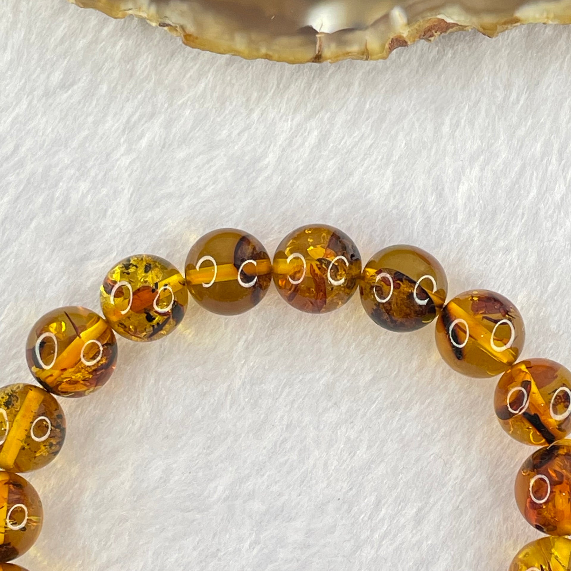Natural Brownish Yellow Flower Amber Beads Bracelet 12.85g 17.5cm 10.8mm 19 Beads - Huangs Jadeite and Jewelry Pte Ltd