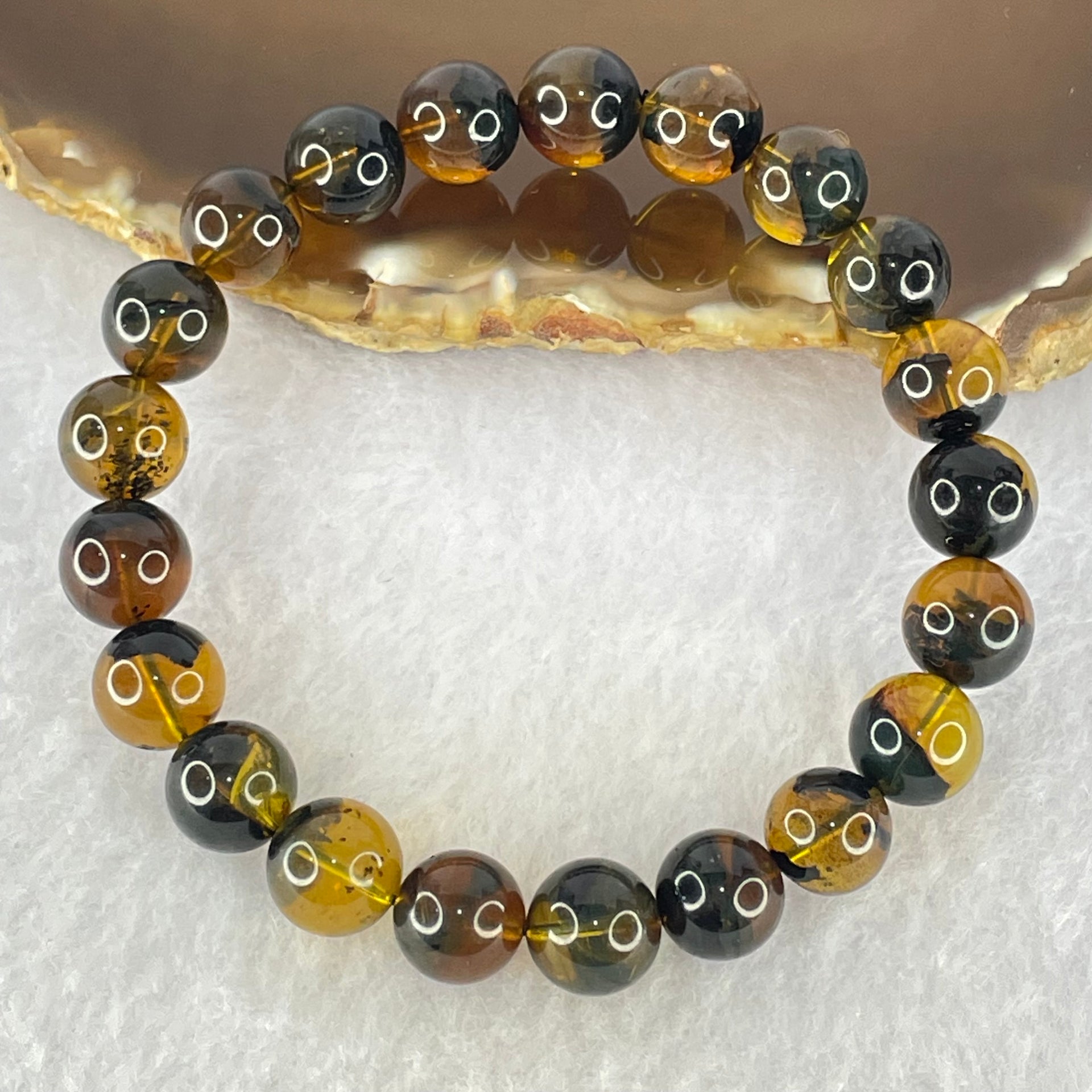 Natural Brownish Yellow Flower Medicine Amber Beads Bracelet 9.45g 16.5cm 9.4mm 21 Beads - Huangs Jadeite and Jewelry Pte Ltd