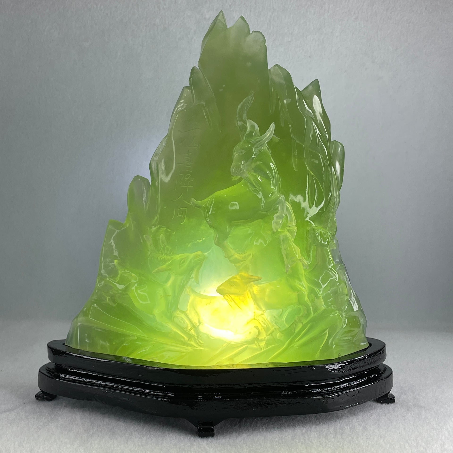 Natural Semi Icy Green Serpentine 5 Deers on Shanshui with Wooden Stand Display 1,293.6g 205.0 by 72.0 by 215.0mm - Huangs Jadeite and Jewelry Pte Ltd