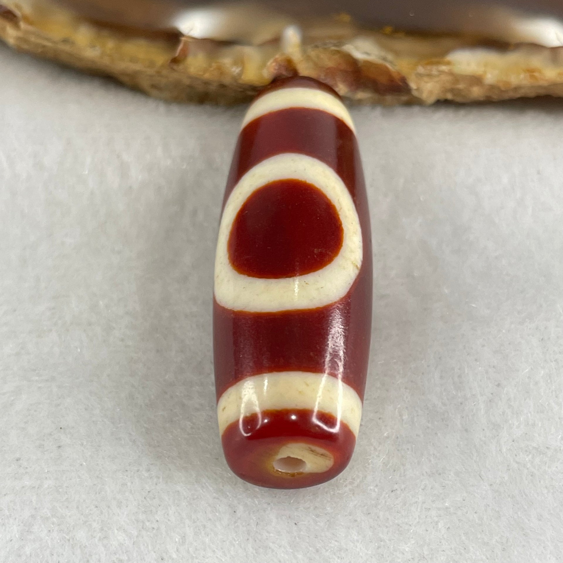 Natural Powerful Tibetan Old Oily Red White Agate One Eye Gold Metal Element Dzi Bead Heavenly Master (Tian Zhu) 一眼金天珠 10.48g 37.6 by 13.2mm - Huangs Jadeite and Jewelry Pte Ltd