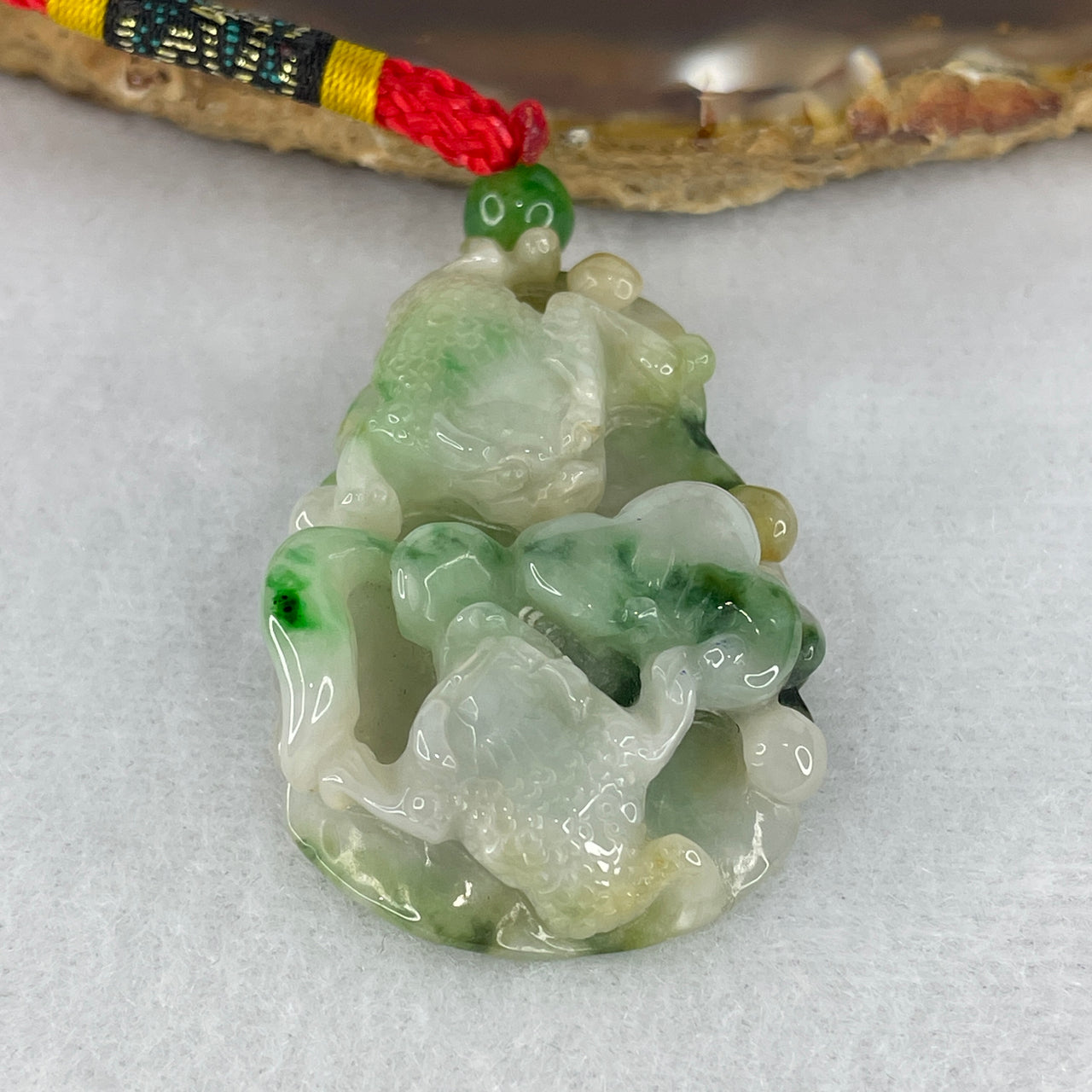 Natural Type A Tricolor Lavender, Green & Yellowish Jadeite Double 3-Legged Toad with Ruyi Pendant | Certified Untreated Fei Cui Gemstone Carving (18.94g | 42.0mm x 27.7mm x 10.0mm)