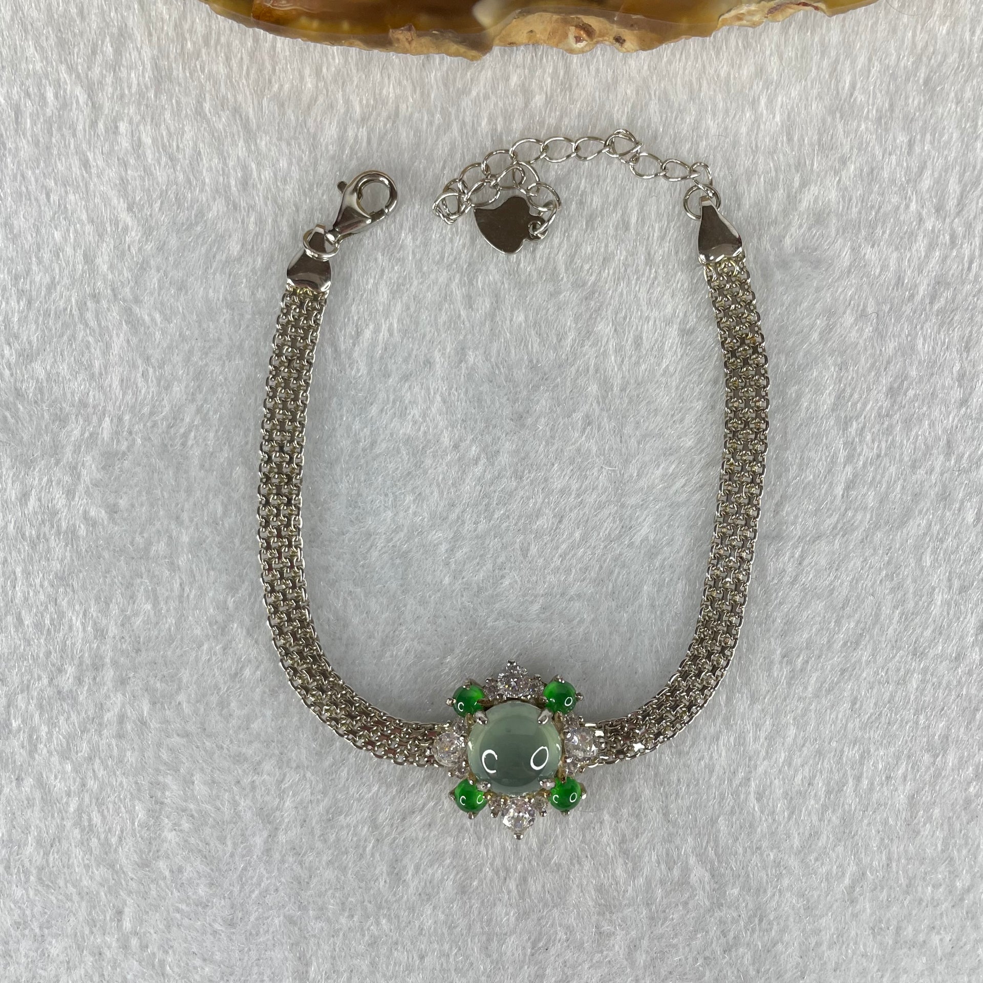 Type A Icy Blueish Green 7.9 by 3.5mm and Green Jadeite Cabochons With Crystals in S925 Sliver Bracelet 4.94g - Huangs Jadeite and Jewelry Pte Ltd