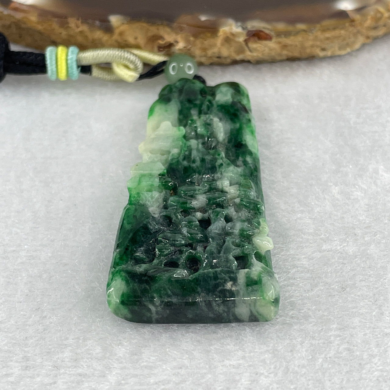 Certified Natural Type A Spicy Green with Apple Green Jadeite Shan Shui Pendant 18.15g 55.2 by 24.0 by 5.8mm