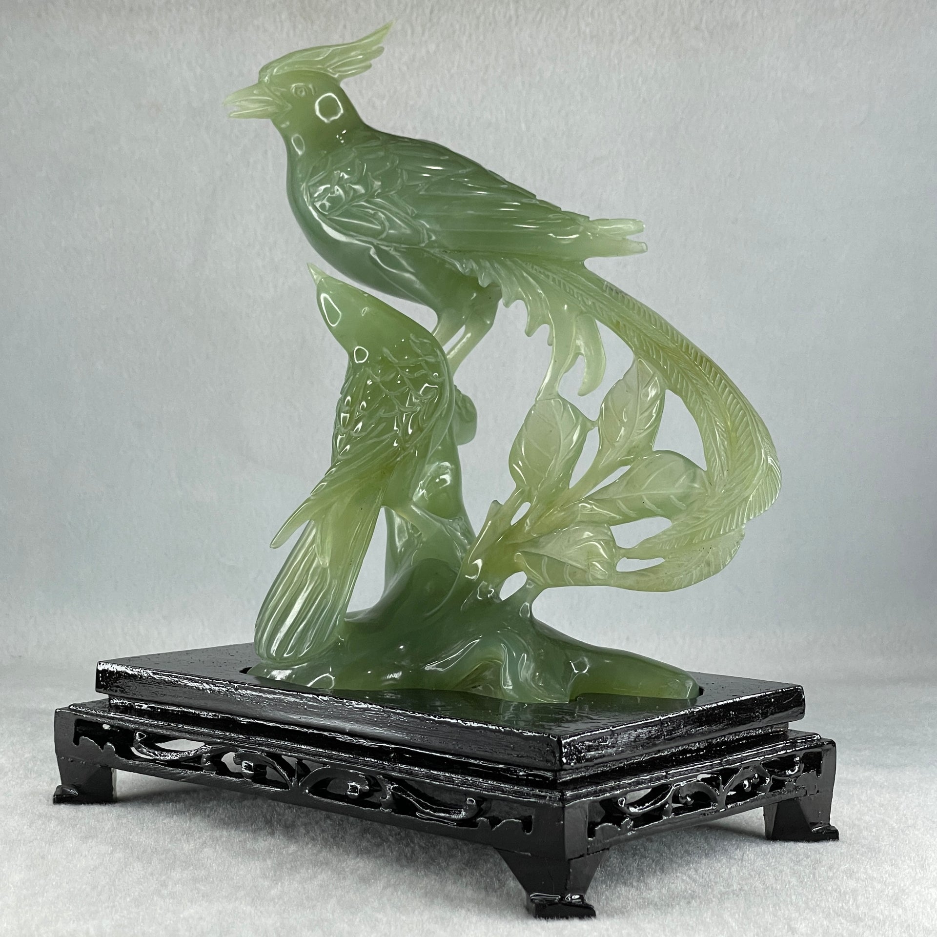 Natural Green Serpentine Double Phoenix on Tree with Wooden Stand Display 725.5g 169.0 by 210.0 by 112.0mm - Huangs Jadeite and Jewelry Pte Ltd