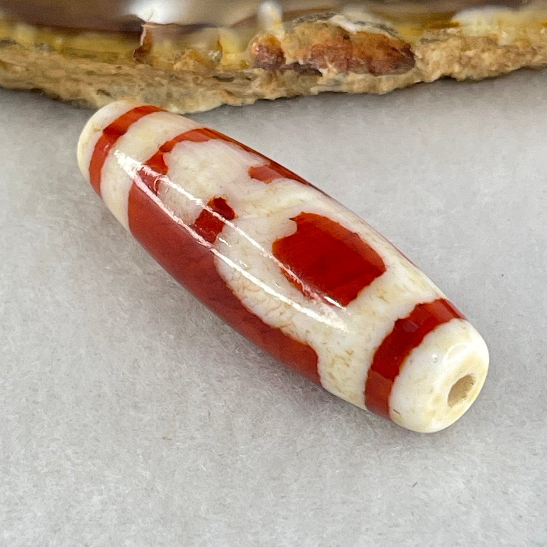 Natural Powerful Tibetan Old Oily Red White Agate 2 Nectar Vessel Dzi Bead Heavenly Master (Tian Zhu) 花蜜容器天珠 8.00g 37.9 by 11.9mm - Huangs Jadeite and Jewelry Pte Ltd