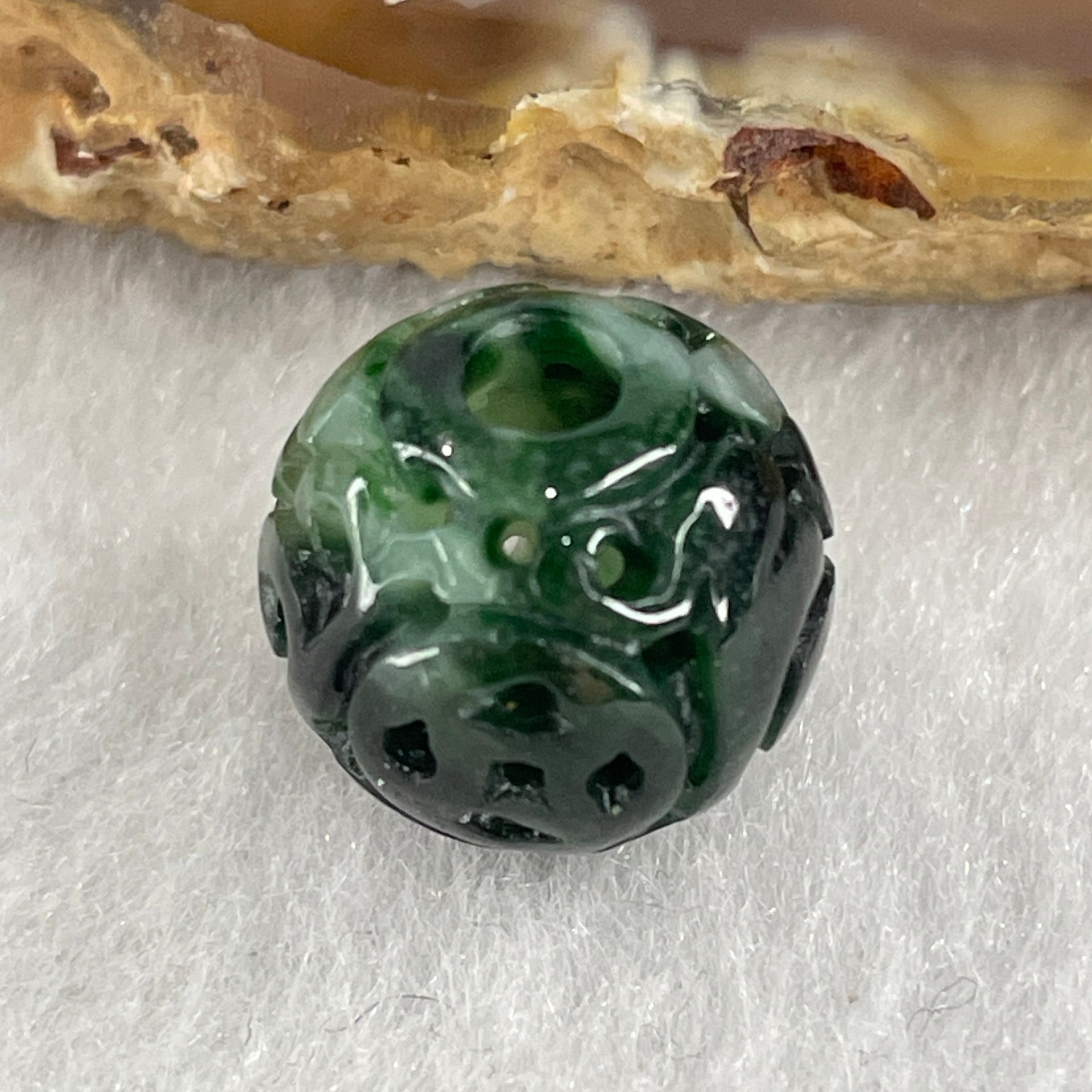 Natural Type A Lao Keng Old Mine Green with Light Green Jadeite Flora Carving Bead Charm 1.91g 12.5mm - Huangs Jadeite and Jewelry Pte Ltd