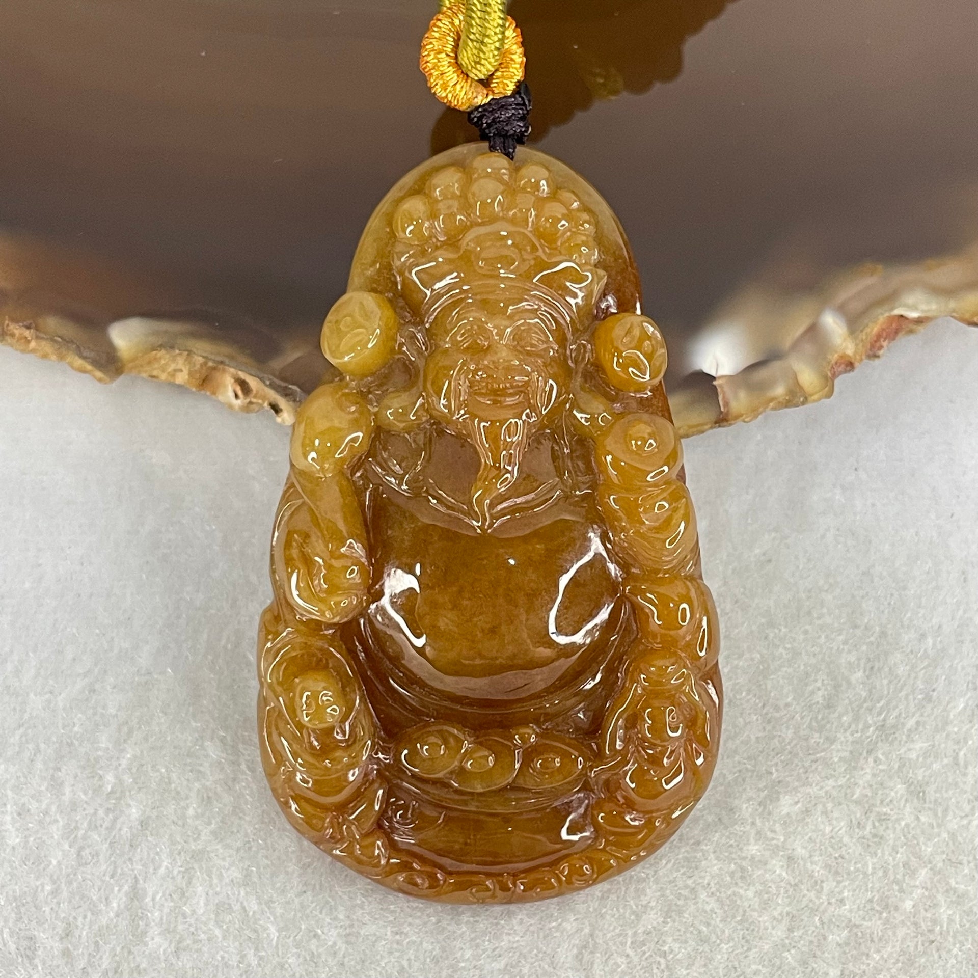 Grand Master Type A Brownish Red with Green Jadeite Cai Shen Ye God of Fortune Pendant 27.91g 53 by 32.7 by 10.5mm - Huangs Jadeite and Jewelry Pte Ltd