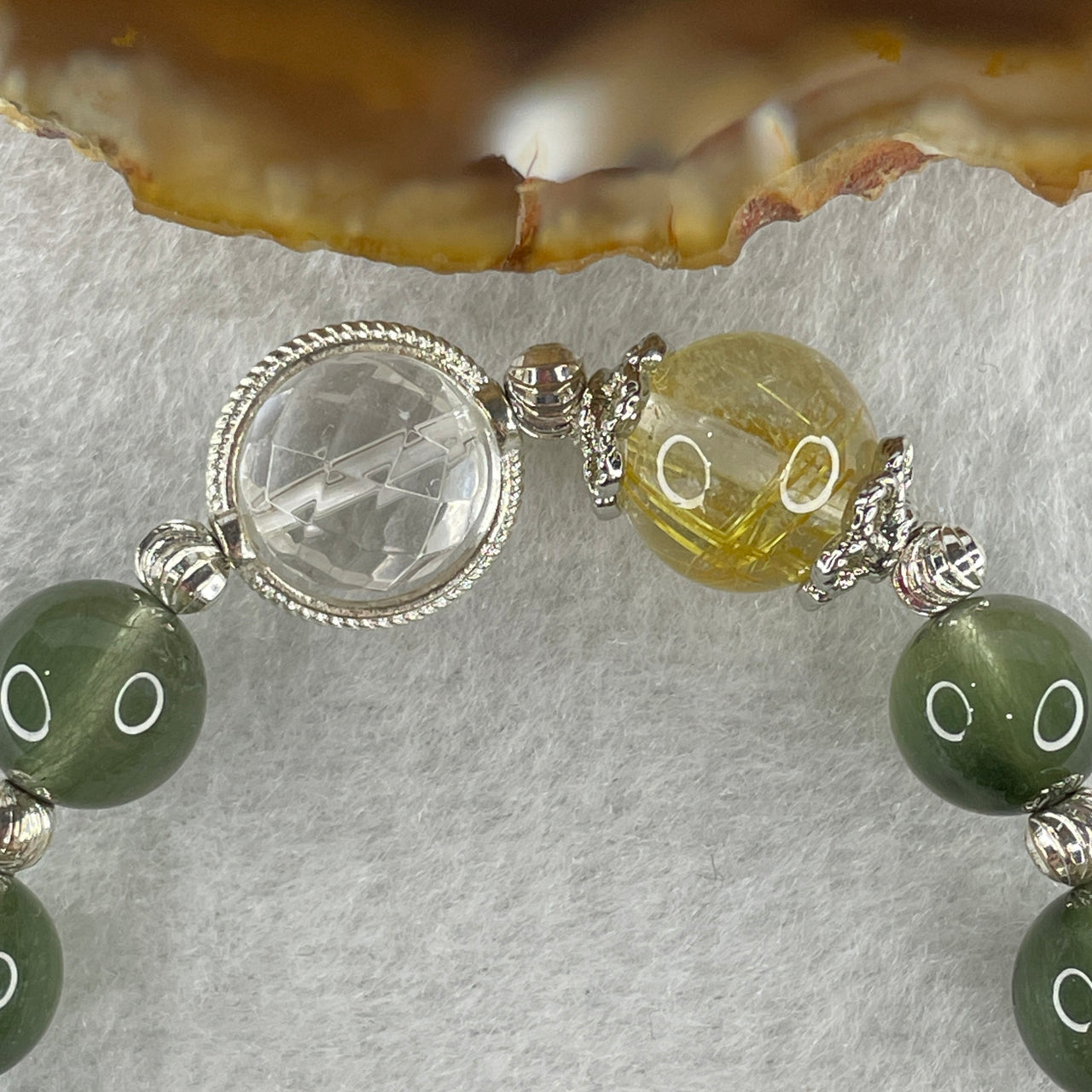 Natural Green Rutilated with Golden Rutilated and Faceted Clear Quartz Beads Bracelet 17.85g 123.5cm 9.4mm 11 Beads 10.6mm 1 Bead