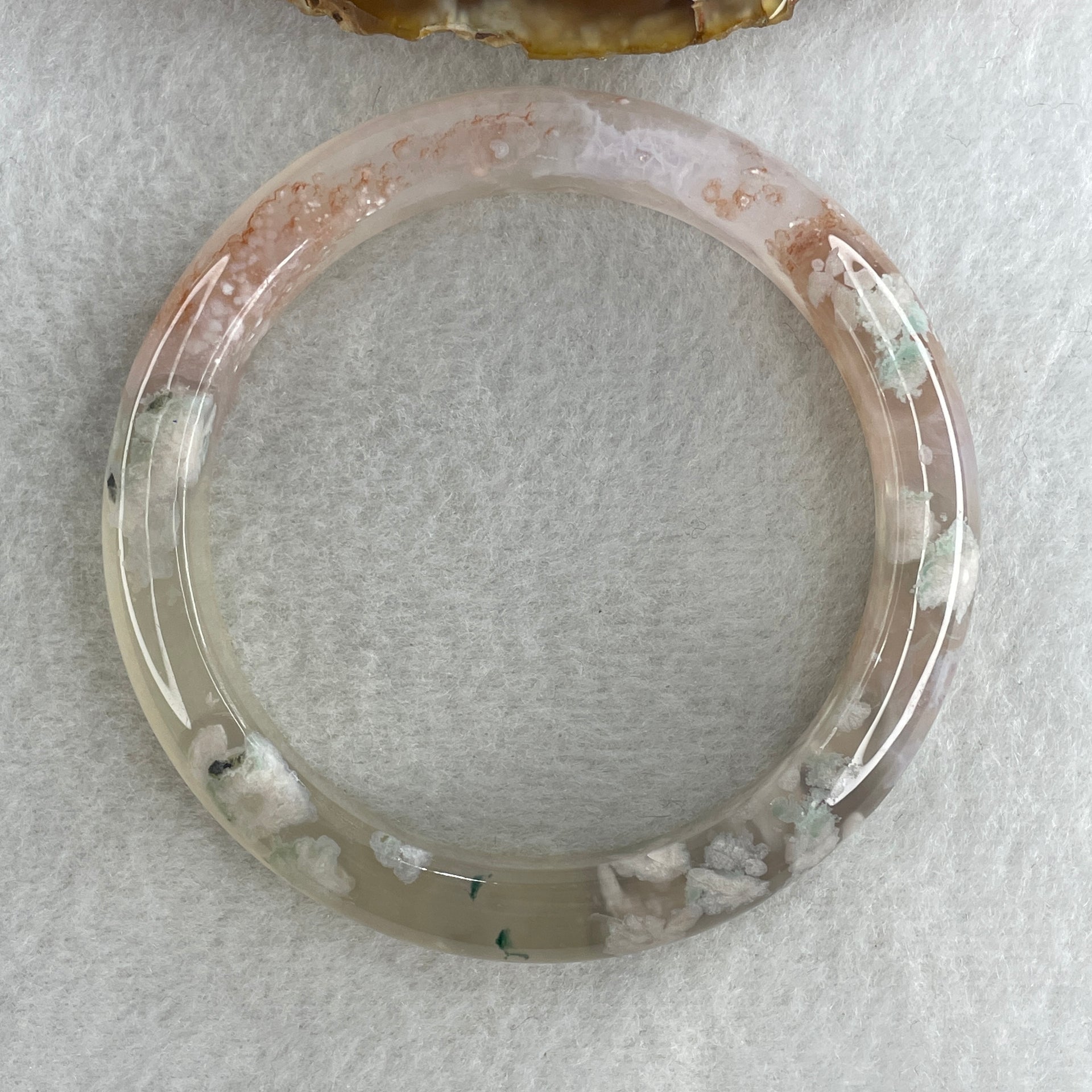 Natural Pinkish with White Flower Agate Bangle 43.81g Internal Diameter 60.5mm 11.3 by 8.8mm (Perfect) - Huangs Jadeite and Jewelry Pte Ltd