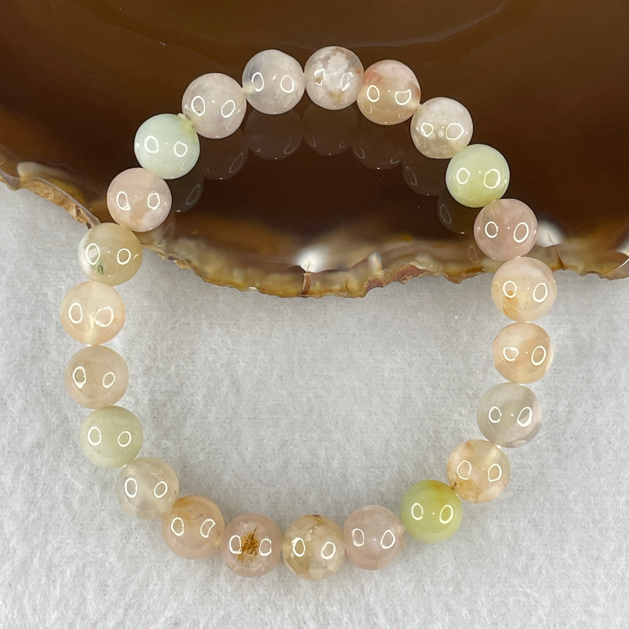 Natural Faint Pink & Green Flower Agate Bead Bracelet | Untreated Cherry Blossom Agate Stretch Bracelet (19.36g | 16cm Wrist | 8.8mm | 23 Beads)