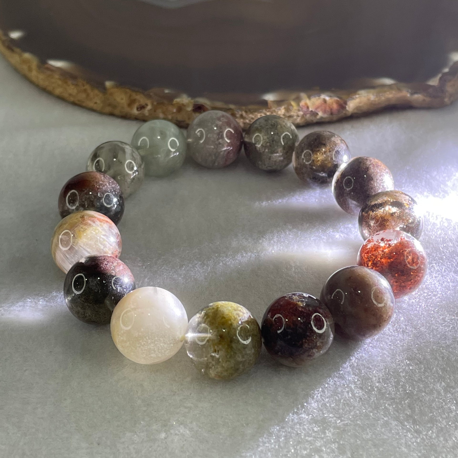 Above Average Grade Natural Red White Green Phantom Quartz Beads Bracelet 60.35g 17cm 14.8mm 15 Beads - Huangs Jadeite and Jewelry Pte Ltd