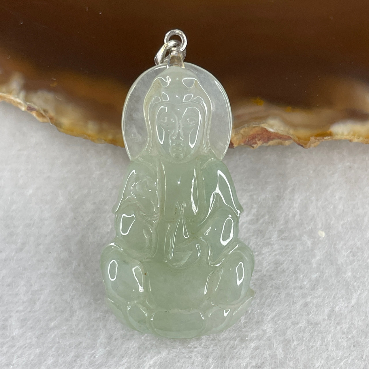 Natural Type A Semi Icy Light Green Jadeite Guan Yin on Lotus Flower with 18K White Gold Clasp Pendant 9.98g 37.7 by 214 by 6.9mm