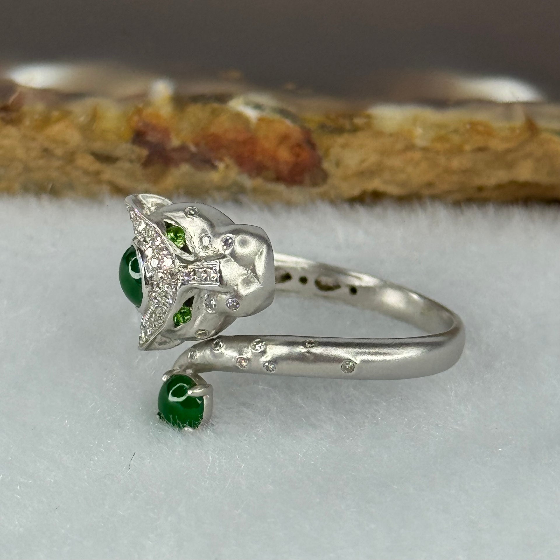 Type A Burmese Full Spicy Green Jade Jadeite Leopard 18K White Gold Ring with Diamonds 3.36g US6.75 HK15 Inner Dia 17.4mm - Huangs Jadeite and Jewelry Pte Ltd