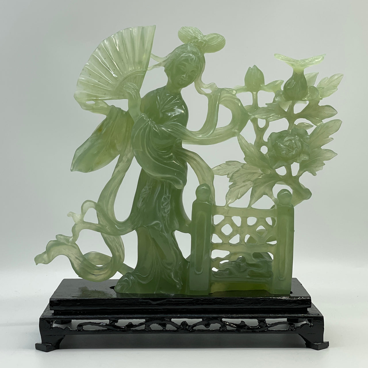 Natural Semi Icy Green Serpentine Fairy and Fan and Flower with Wooden Stand Display 1,411.5g 255.0 by 115.0 by 250.0mm