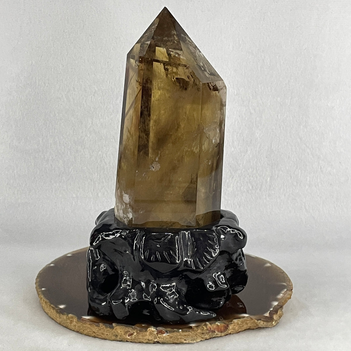 High Grade Natural Smoky Quartz Tower Display with Custom Wooden Stand | (666.5g | 95.5x83.0x175.0mm | Anchor, Stress Dissolver, Executive Composure & Feng Shui Protection Shield)