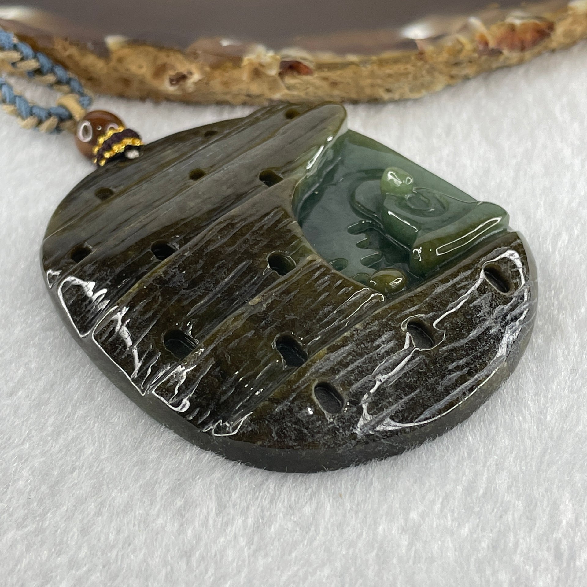 Natural Type A Brown with Blueish Green Jadeite Seeking Enlightenment Pendant 64.41g 63.8 by 51.7 by 10.9mm - Huangs Jadeite and Jewelry Pte Ltd