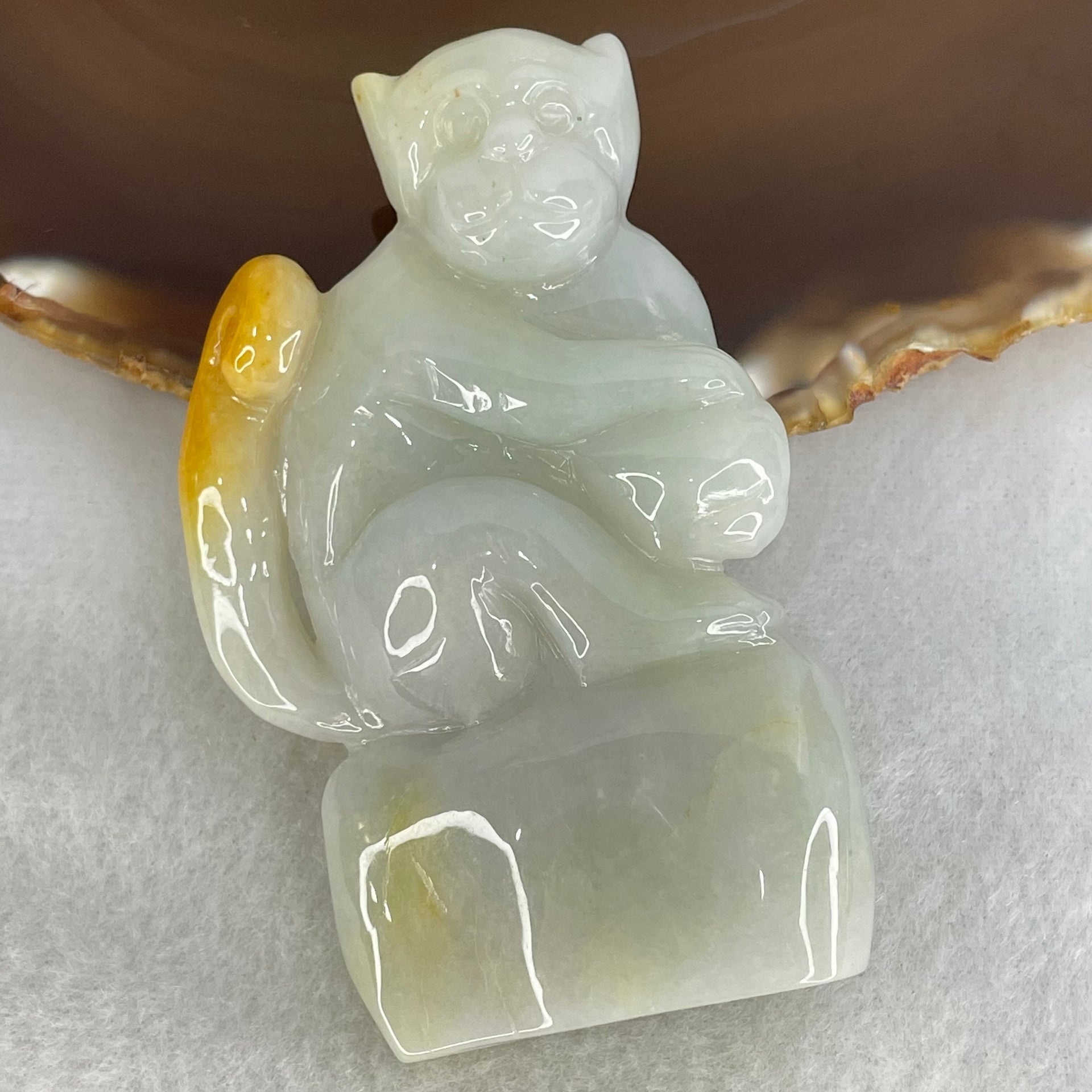 Type A Light Green with Brown Patches Jadeite Monkey Pendant 89.93g 77.0 by 47.9 by 17.1mm - Huangs Jadeite and Jewelry Pte Ltd
