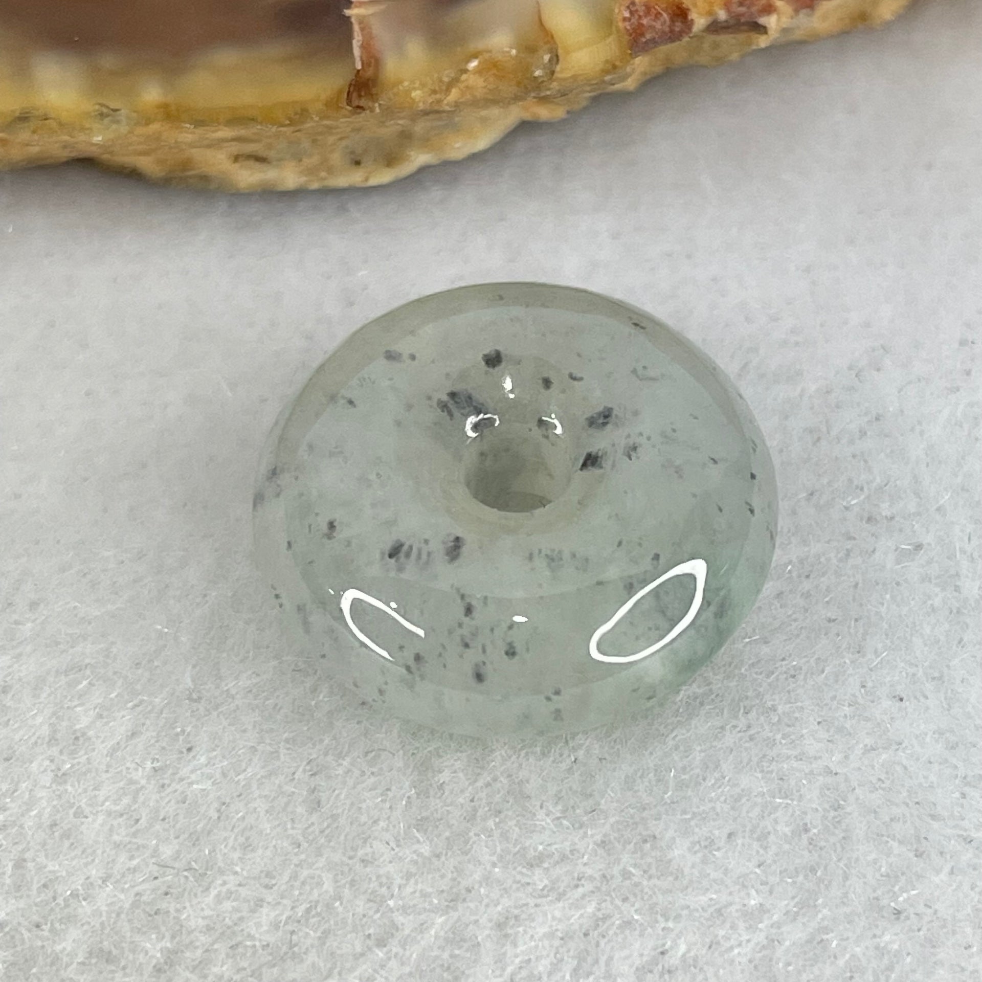 Type A Semi Icy Light Green With Wuji Grey Spots Jadeite Ping An Kou Donut Pendant 3.23g 16.1 by 6.2mm - Huangs Jadeite and Jewelry Pte Ltd