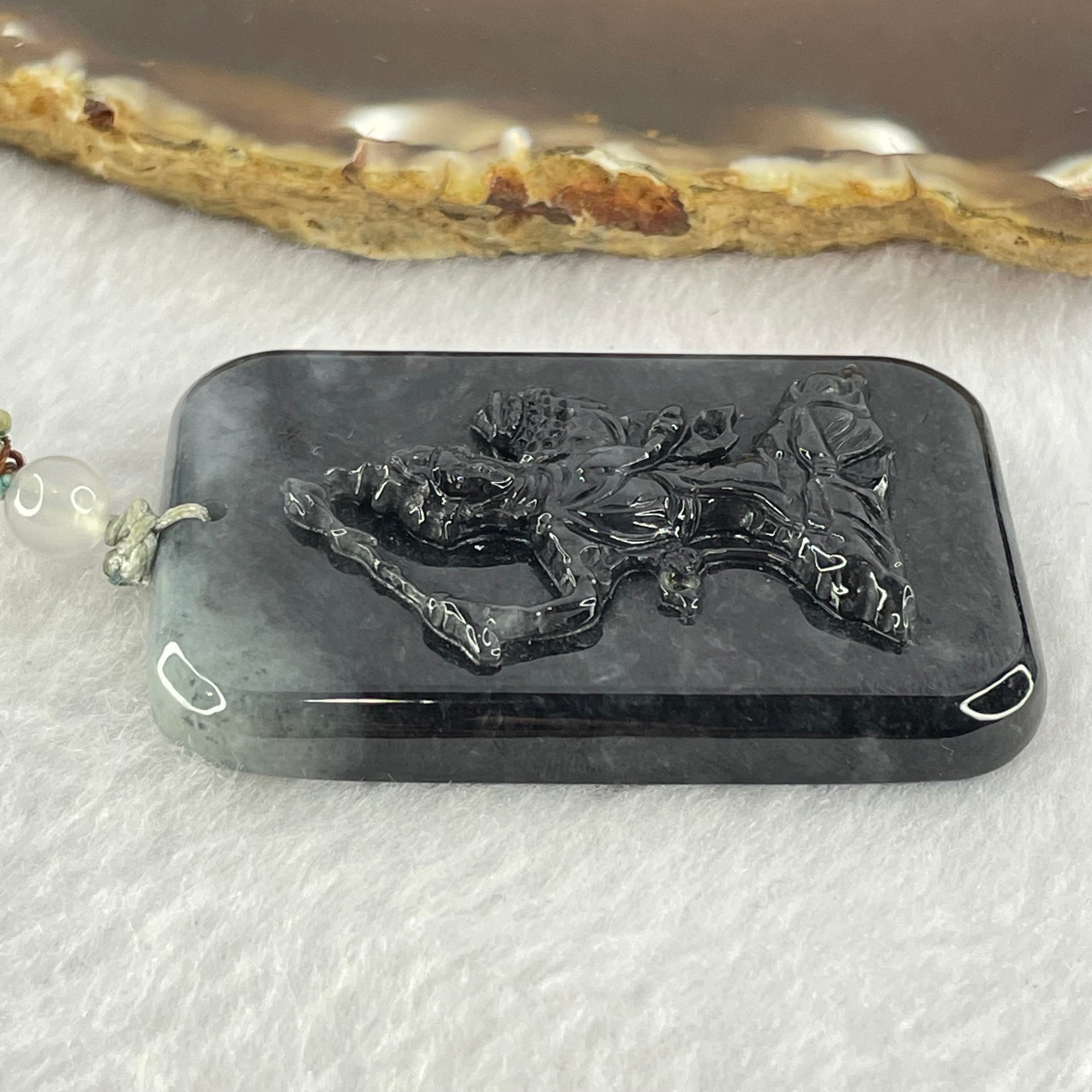 Type A Black Grey Wuji Jadeite Manjushri Bodhisattva Guan Yin Pendent 33.56g 51.5 by 34.1 by 8.9mm - Huangs Jadeite and Jewelry Pte Ltd