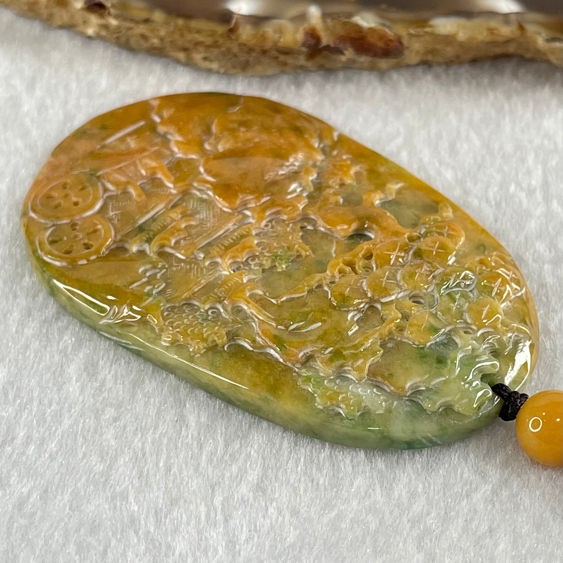 Grandmaster Type A Reddish Brown with Green Patches Jadeite Shan Shui with Twin Gui Ren Benefactor Pendant 黄山美景 36.38g 64.7 by 43.9 by 6.5mm - Huangs Jadeite and Jewelry Pte Ltd