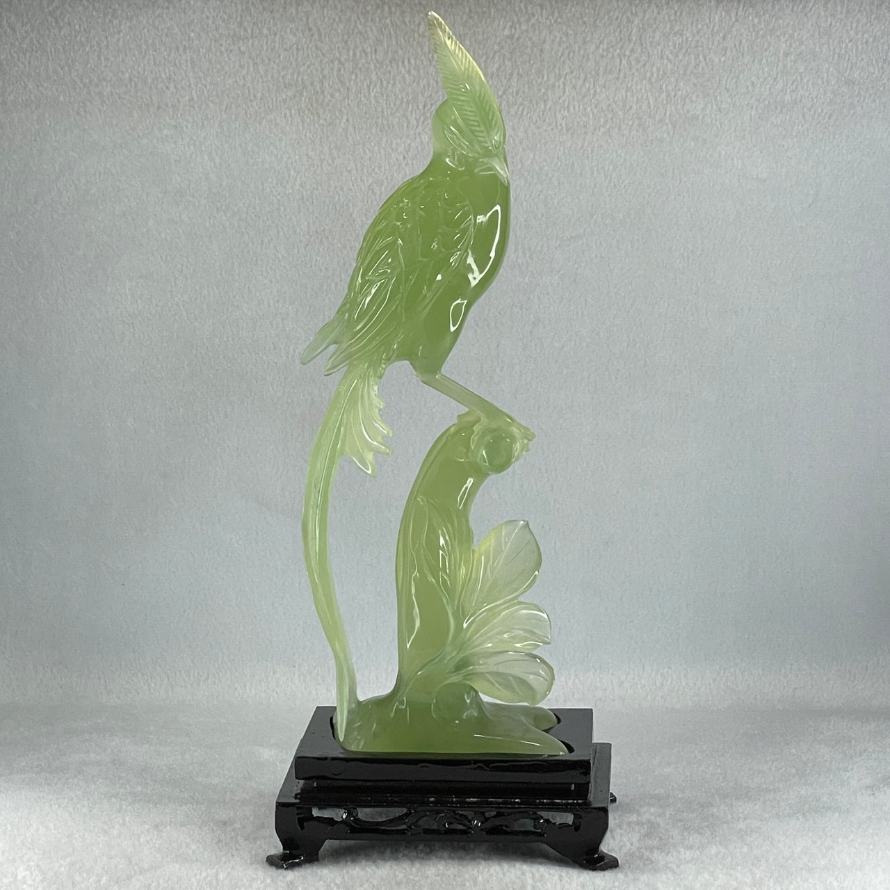 Natural Green Serpentine Phoenix on Tree with Wooden Stand Display 507.8g 114.0 by 265.0 by 84.0mm - Huangs Jadeite and Jewelry Pte Ltd