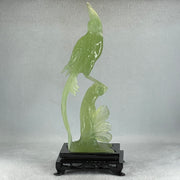 Natural Green Serpentine Phoenix on Tree with Wooden Stand Display 507.8g 114.0 by 265.0 by 84.0mm - Huangs Jadeite and Jewelry Pte Ltd