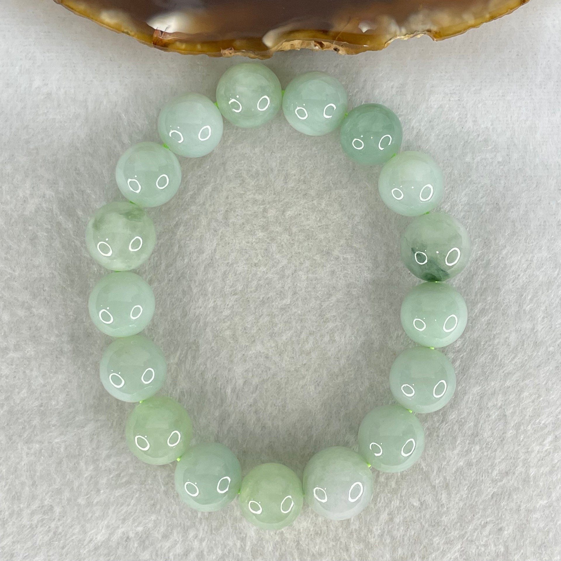 Type A Light Green and Blueish Green Patch Jadeite Beads Bracelet 44.03g 16.5cm by 12.0mm 17 Beads - Huangs Jadeite and Jewelry Pte Ltd