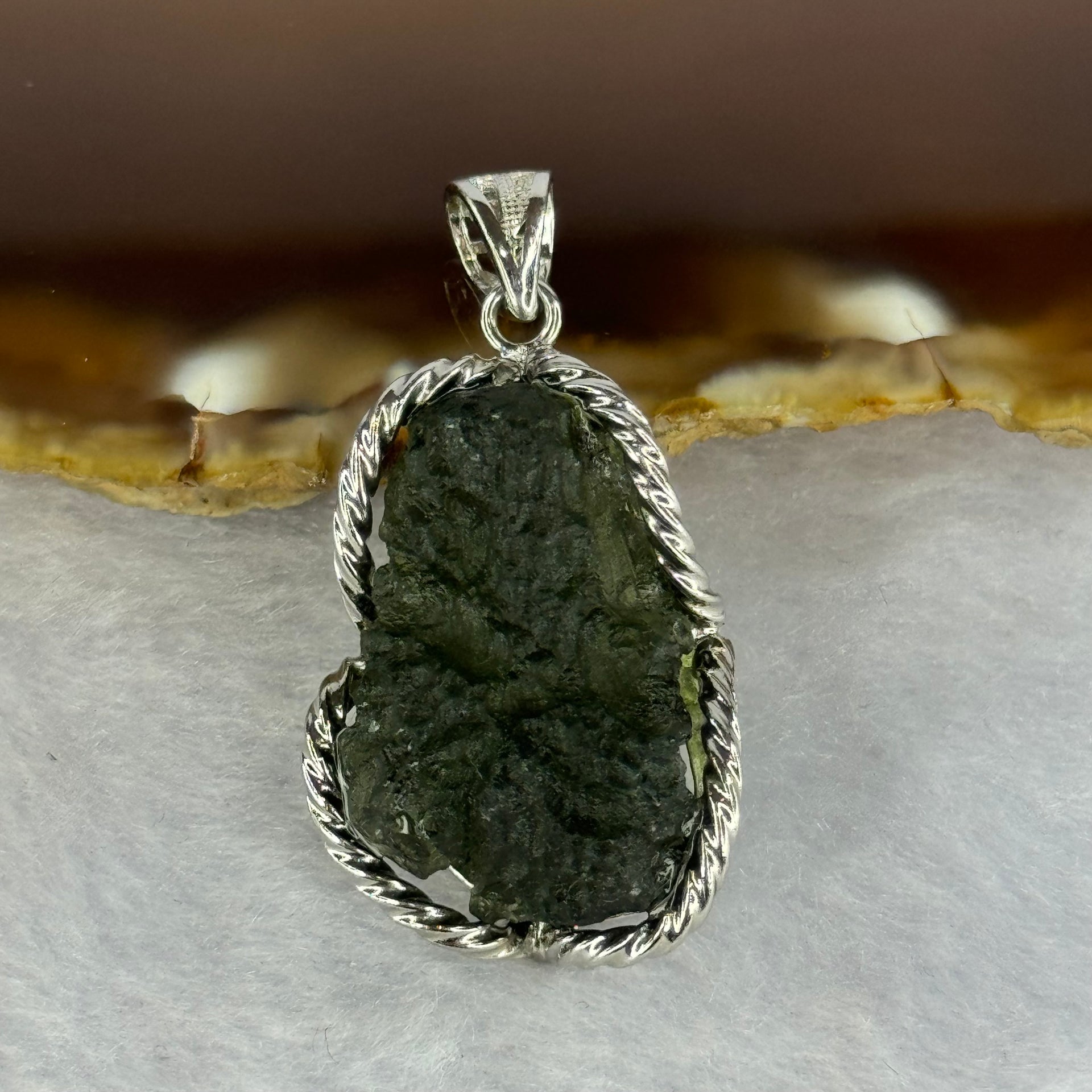 Natural Czech Republic Moldavite Meteorite Crystal in S925 Sliver Pendent 天然捷克陨石925银牌 8.60g 25.5 by 16.4 by 10.1mm - Huangs Jadeite and Jewelry Pte Ltd