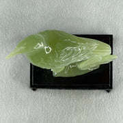 Natural Green Serpentine Javan Mynah Birds on Tree with Wooden Stand Display 418.9g 120.0 by 176.0 by 75.0mm - Huangs Jadeite and Jewelry Pte Ltd