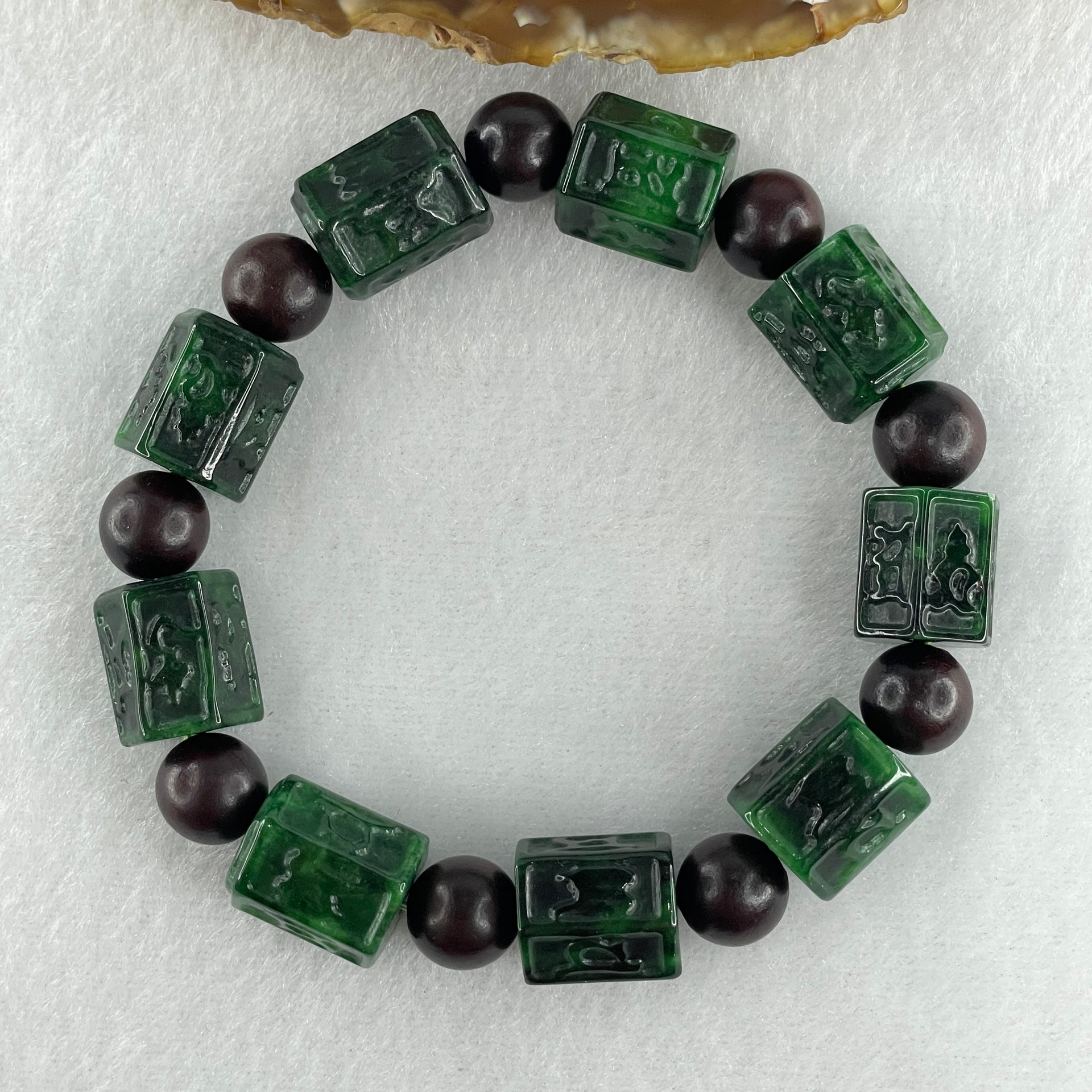 Type A Old Mine Spicy Green Jadeite Om Mani Padme Hum Barrel with Wood Beads Bracelet 55.97g 18cm 12.2 by 13.8mm - Huangs Jadeite and Jewelry Pte Ltd