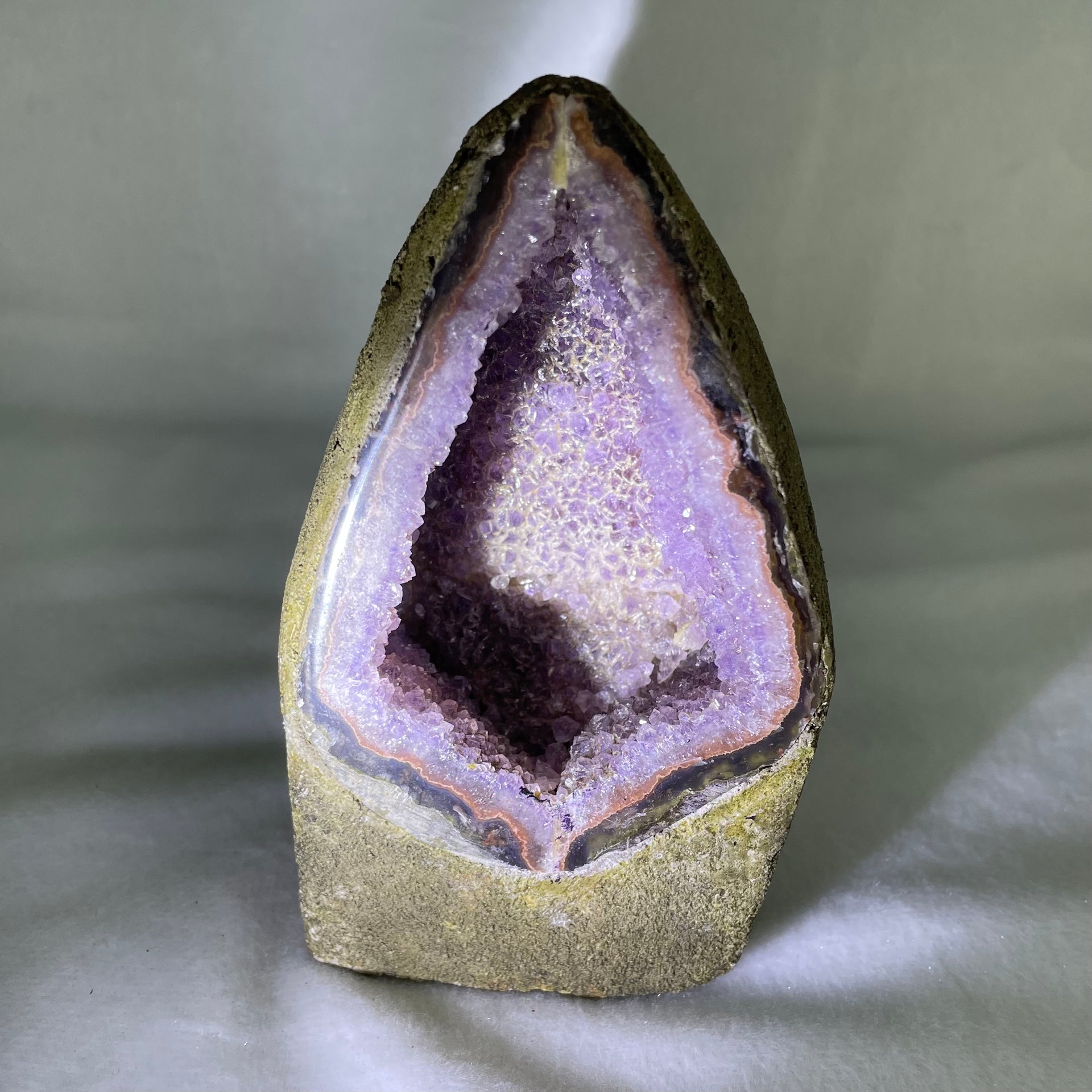 Natural Amethyst Cave with Wooden Stand 973.3g 93.9 by 102.8 by 170.0mm - Huangs Jadeite and Jewelry Pte Ltd