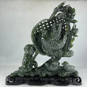 Natural Dark Green Serpentine Double Carp Fish with Gui ren and Lotus and Twin Ducks with Wooden Stand Display 2,032.7g 242.0 by 95.0 by 263.0mm - Huangs Jadeite and Jewelry Pte Ltd