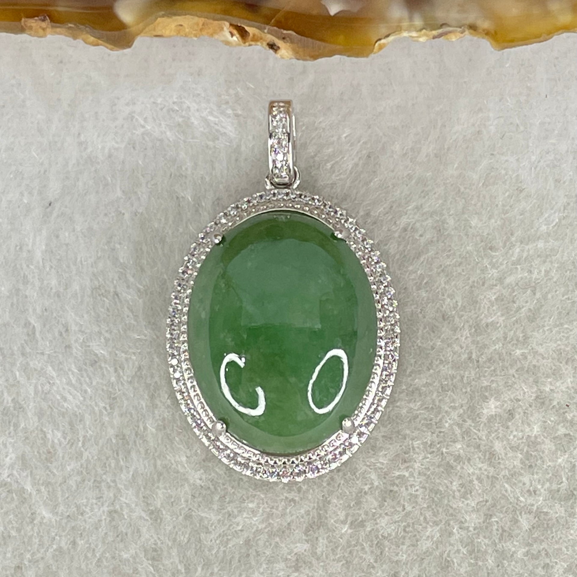 Type A Old Mine Spicy Green Cabochon Jadeite in S925 Sliver with Crystal Charm 6.60g 19.2 by 15.1 by 6.5mm - Huangs Jadeite and Jewelry Pte Ltd