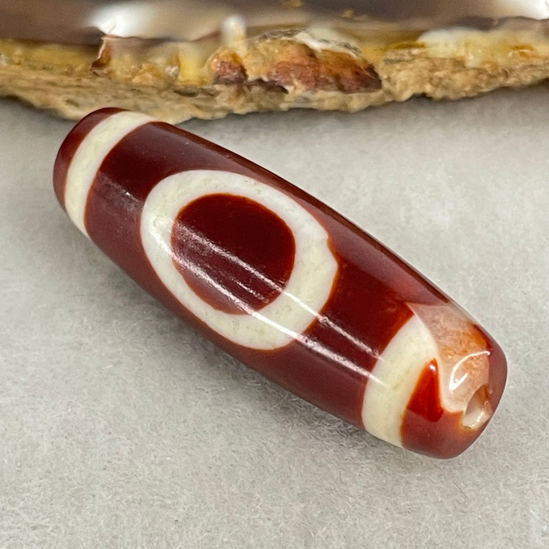 Natural Powerful Tibetan Old Oily Red White Agate One Eye Wood Element Dzi Bead Heavenly Master (Tian Zhu) 一眼木元素天珠 9.56g 37.7 by 12.9mm - Huangs Jadeite and Jewelry Pte Ltd