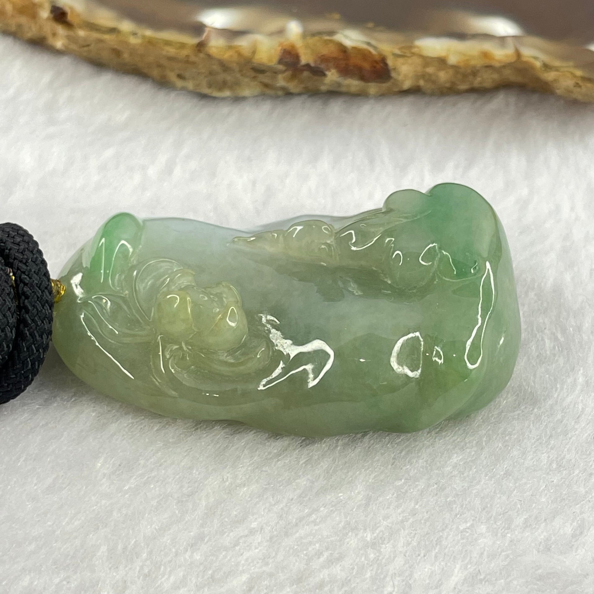 Type A Green and Lavender Jadeite Benefactor and Flower Pendant 34.80g 46.9 by 28.7 by 13.4mm - Huangs Jadeite and Jewelry Pte Ltd