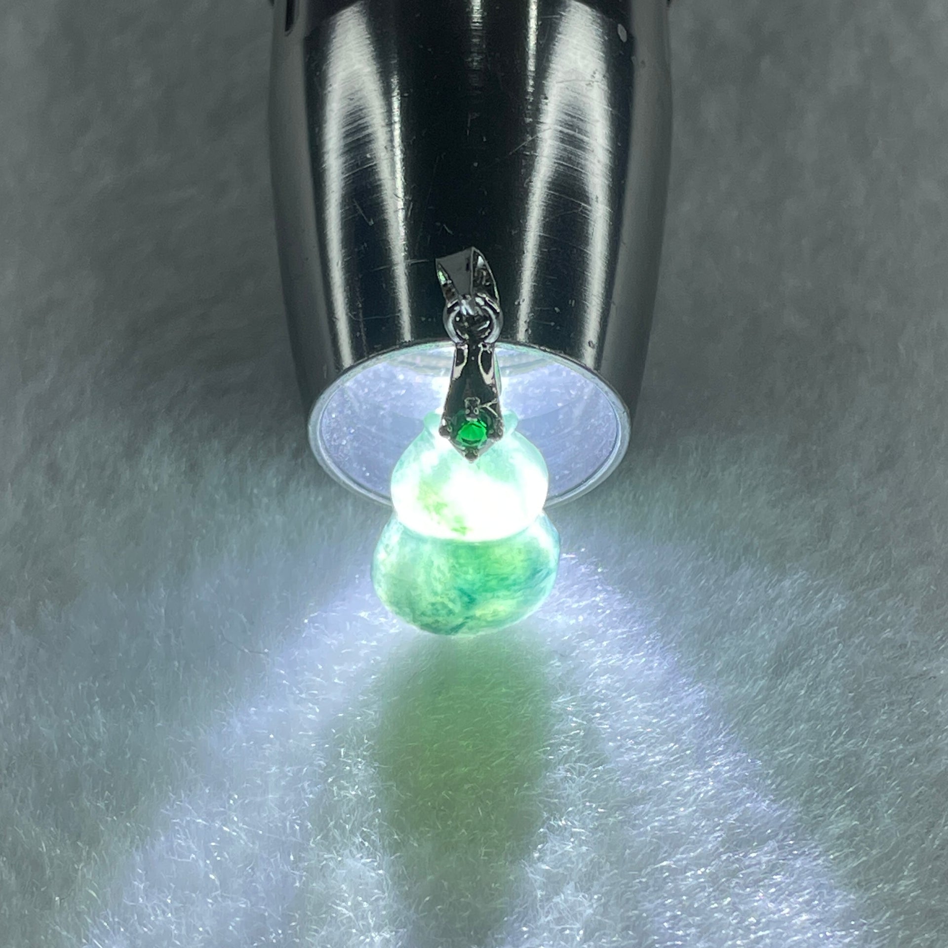 Natural Type A Semi Icy Dark Green Jadeite Calabash Hulu Pendant in Stainless Steel Clasp 1.69g 17.1 by 11.6 by 3.9mm - Huangs Jadeite and Jewelry Pte Ltd