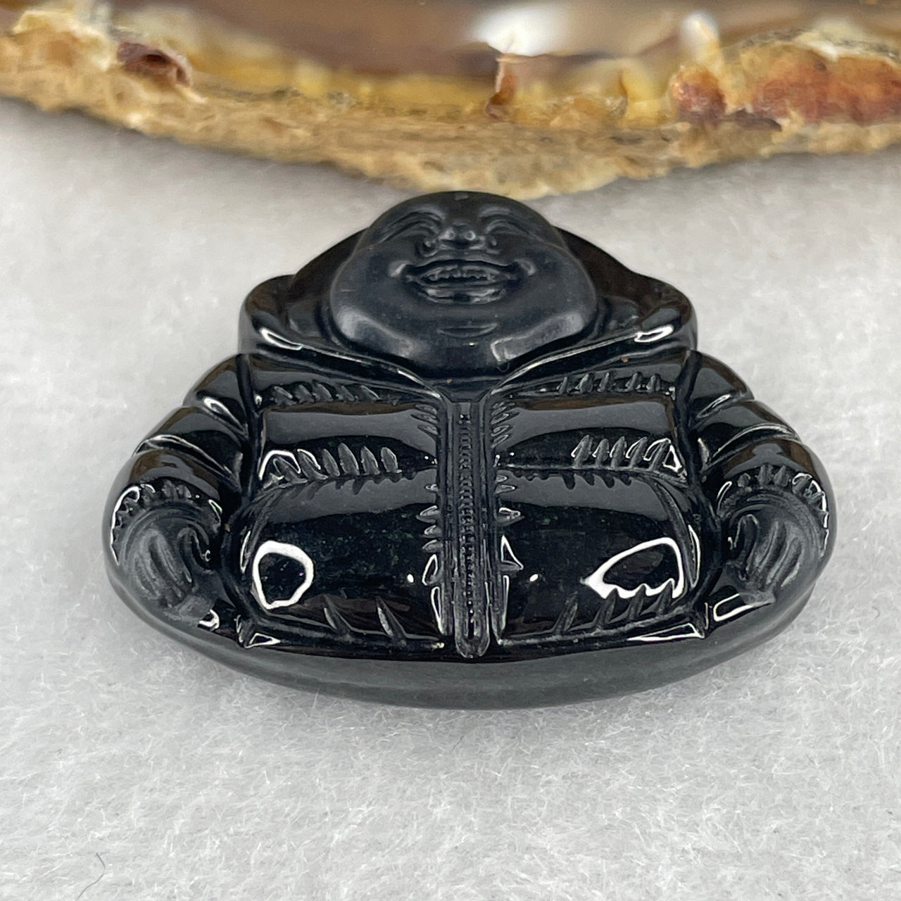 Symbol of Luck, Wealth and Happiness - Certified Natural Type A Black Jadeite Milo Laughing Buddha Pendant with Jacket 16.81g 30.2 by 32.4 by 9.3mm