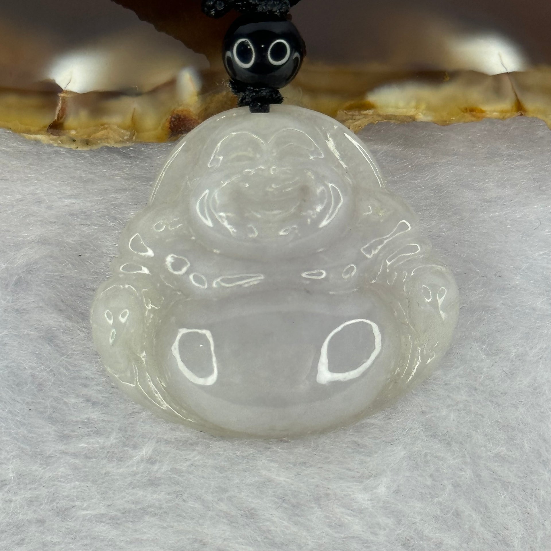 Type A Light Lavender Jadeite Milo Buddha Pendent 7.06g 25.4 by 28.3 by 3.0mm - Huangs Jadeite and Jewelry Pte Ltd