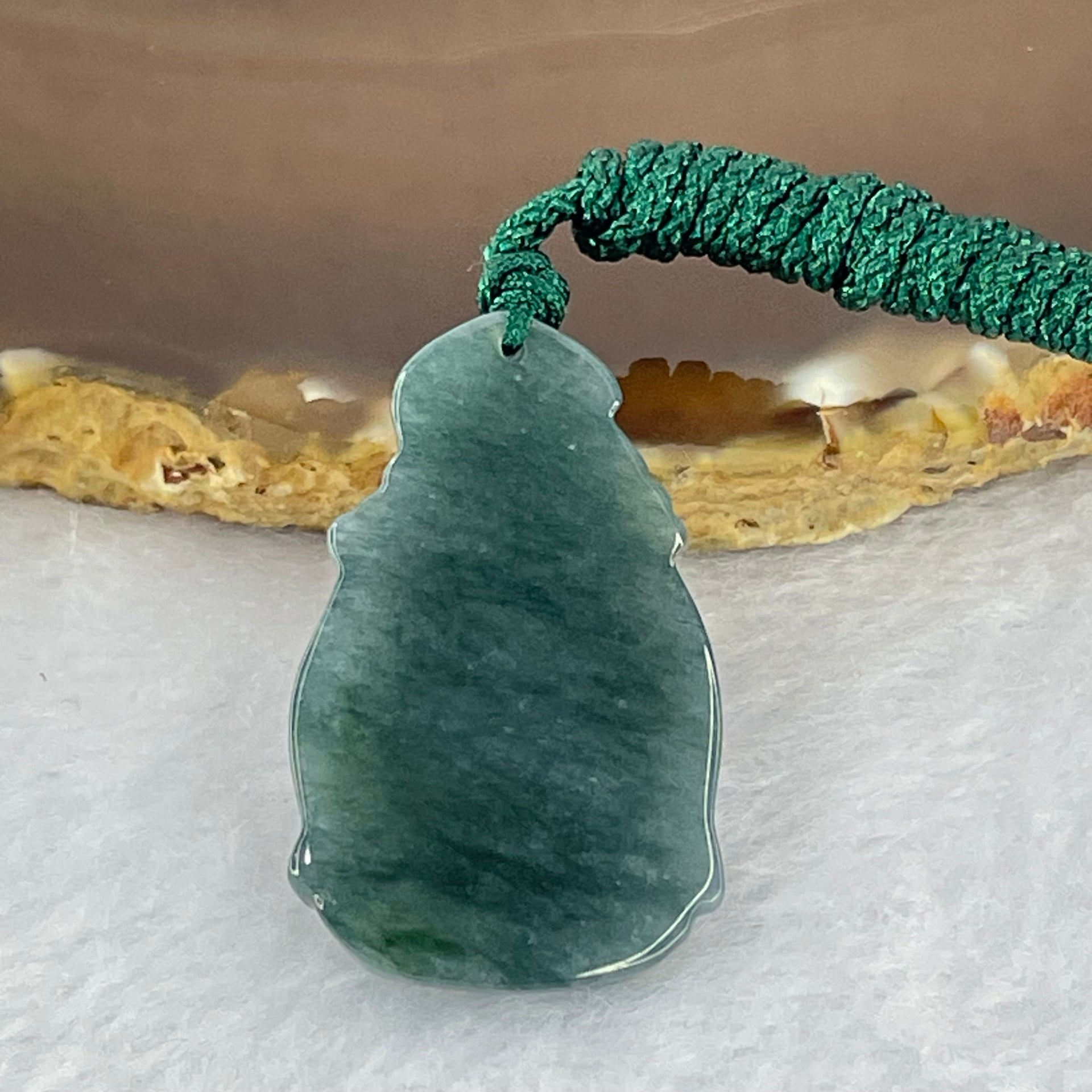 Type A Dark Blueish Green Jadeite Cai Shen Ye God of Fortune Pendant 8.37g 34.2 by 21.6 by 5.0mm - Huangs Jadeite and Jewelry Pte Ltd