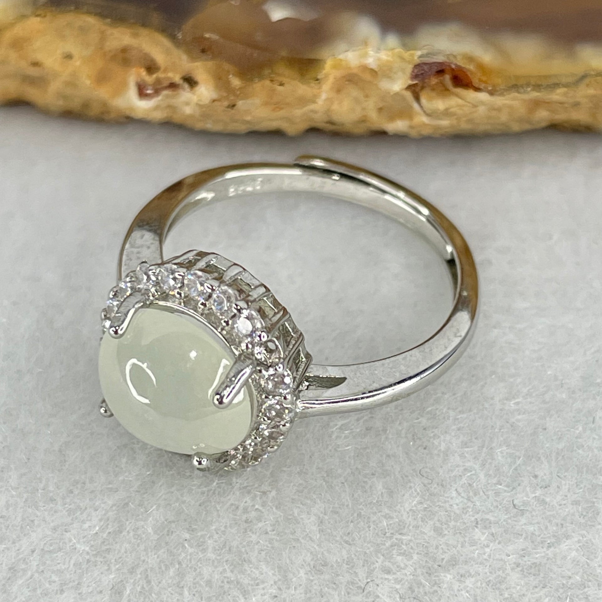 Type A Semi Icy Green Jadeite Cabochon in S925 Sliver Ring (Adjustable Size) 2.60g 8.4 by 8.9 by 5.0mm - Huangs Jadeite and Jewelry Pte Ltd