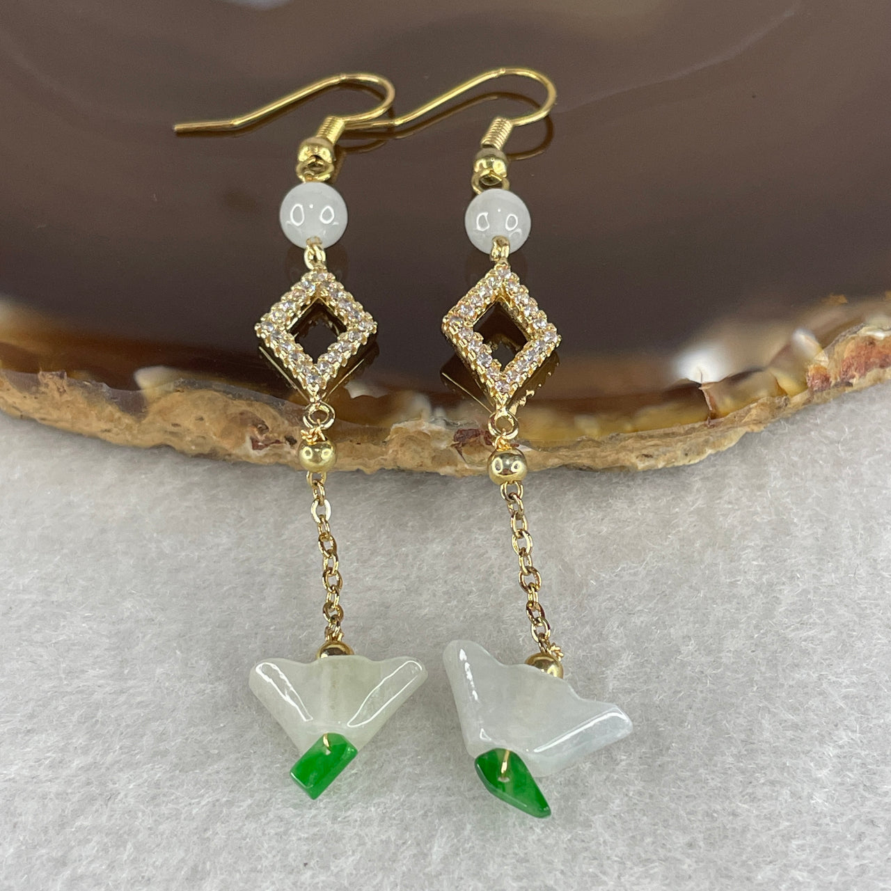 Natural Type A Light Green Jadeite Earrings | Gold Color Yuan Bao Wealth Ingot Dangling Drop Earrings (4.19g 14.8x6.6x4.7mm)