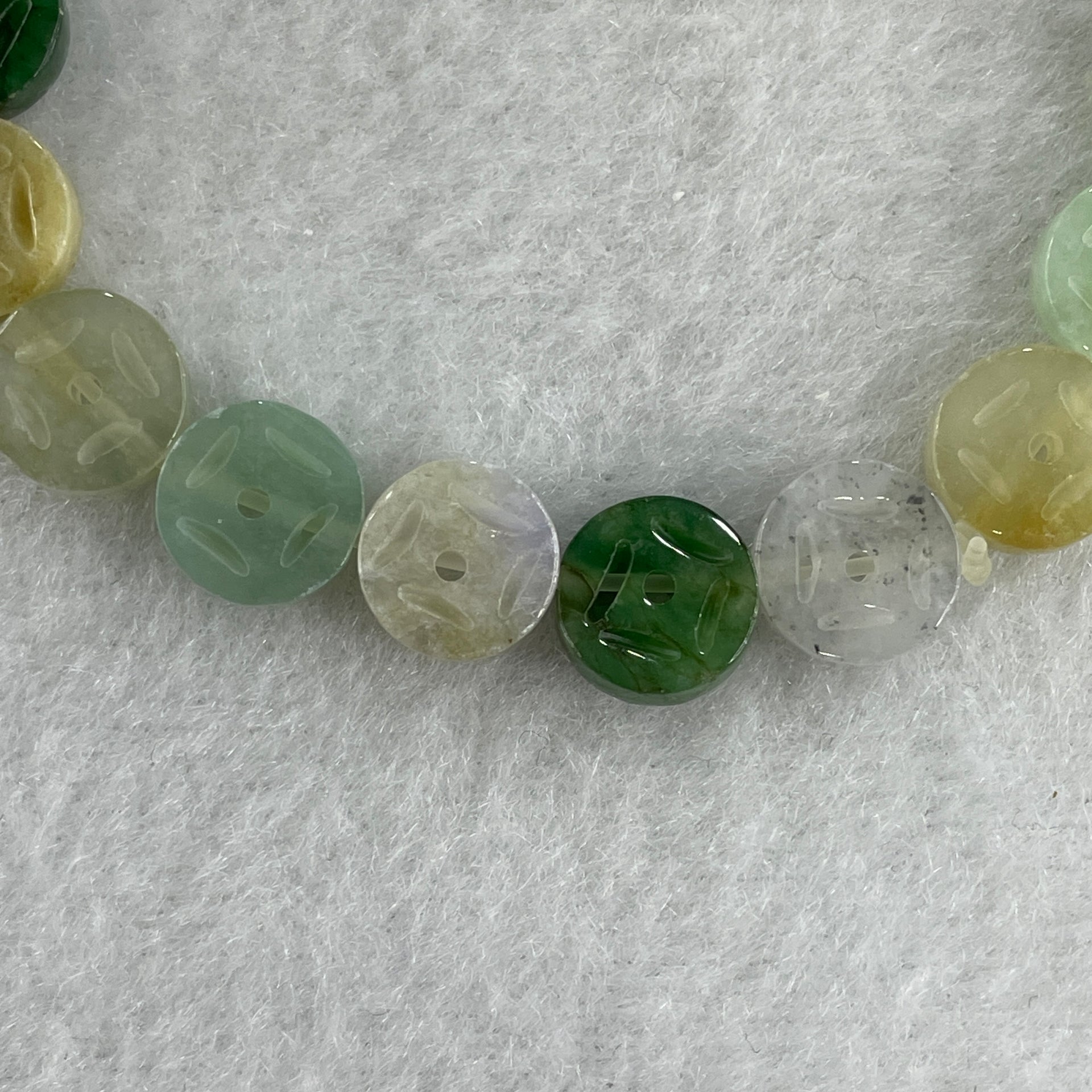 Natural Type A Green with Yellow Jadeite Ancient Coin Shape Beads Bracelet 11.90g 15cm 9.0mm 20 Beads - Huangs Jadeite and Jewelry Pte Ltd