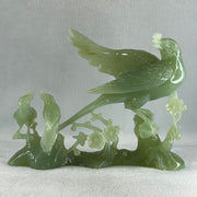 Natural Green Serpentine Phoenix with Twin Birds on Tree with Wooden Stand Display 1,158.3g L257.0 by B98.0 by H203.0mm - Huangs Jadeite and Jewelry Pte Ltd