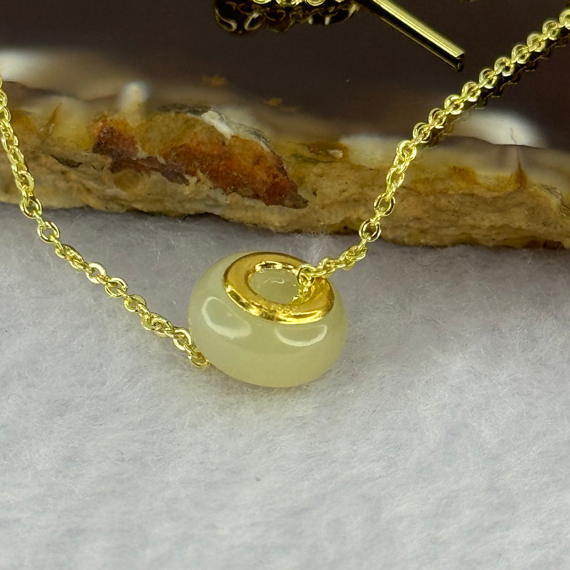 Natural Yellowish Nephrite Ping An Kou Donut 999 Gold Pendent in Gold Color Necklace 2.91g 10.1 by 6.5mm - Huangs Jadeite and Jewelry Pte Ltd