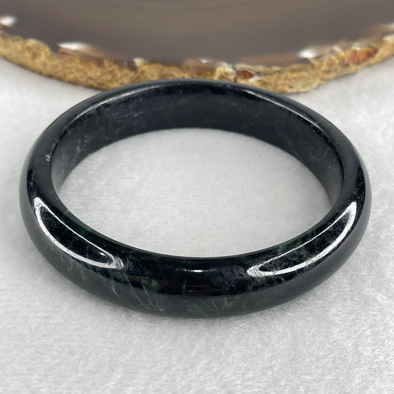 56.8mm Natural Type A Jadeite Bangle: Black with Emerald Green Jade (45.82g) - 12.8x7.7mm Width Genuine Burmese Jadeite (Very Slight External Rough)