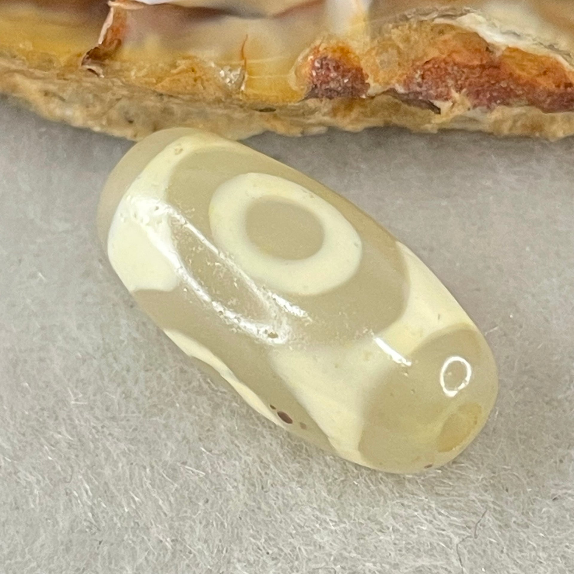 Natural Powerful Tibetan Old Oily Agate 3 Eyes Dzi Bead Heavenly Master (Tian Zhu) 三眼天诛 2.41g 19.3 by 9.4mm - Huangs Jadeite and Jewelry Pte Ltd